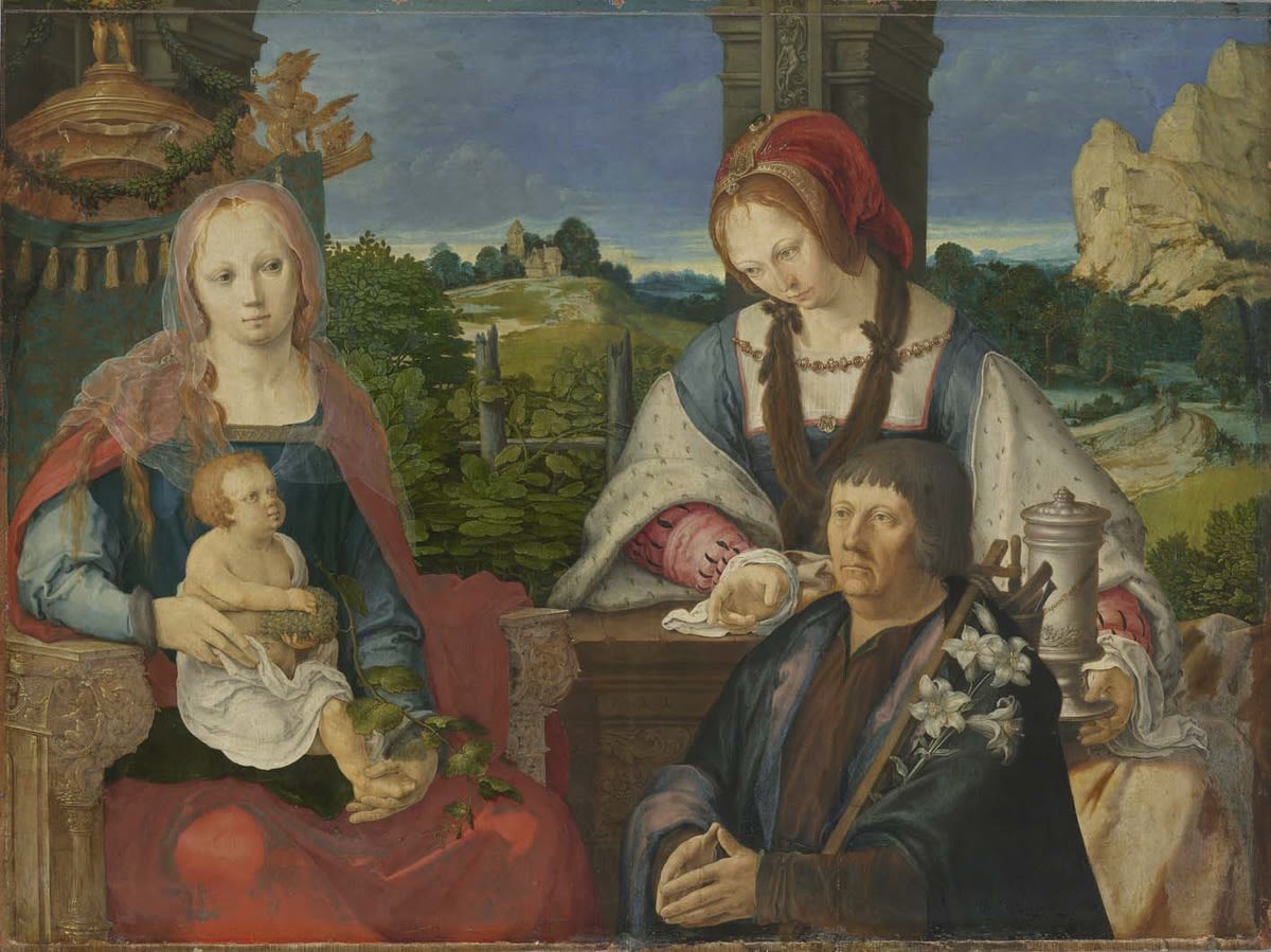 Lucas van Leyden | Maria mit Kind, hl. Maria Magdalena und Stifter (abgetrennte Außenseite Inv.-Nr. 7713) | Displayed motifs: Madonna, Woman, Human face, Clothing, Man, White dove, 