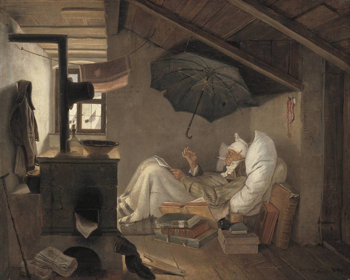 Carl Spitzweg | Der arme Poet | Displayed motifs: Umbrella, Clothing, Latin cross, Person, Angel, Furniture, Thorn crown, 