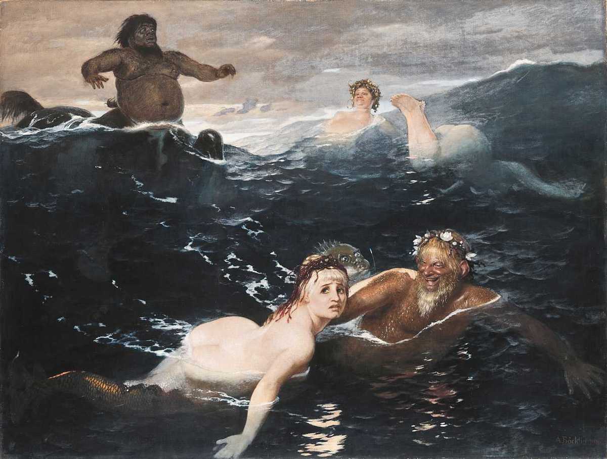 Arnold Böcklin | Im Spiel der Wellen | Displayed motifs: Putto, Man, Human face, Person, Woman, Sea lion, Harbor seal, 