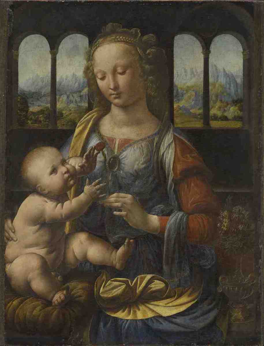 Leonardo da Vinci | Madonna mit der Nelke | Displayed motifs: Human face, Boy, Clothing, Woman, Putto, Madonna, Person, 