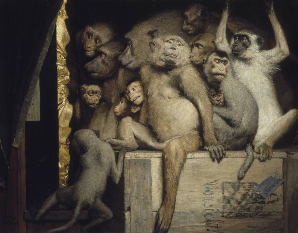 Gabriel Cornelius von Max | Affen als Kunstrichter | Displayed motifs: Monkey, Angel, Human face, Halo, 