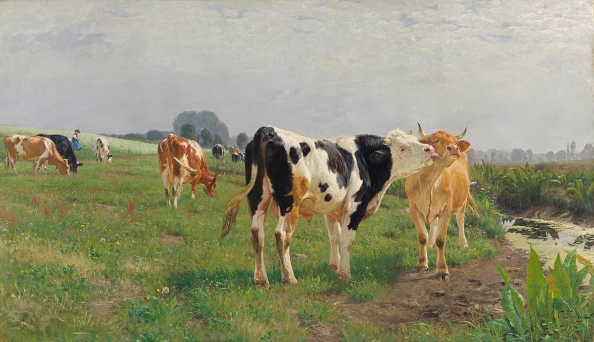 Oskar Frenzel | Favoritin (Tierstück) | Displayed motifs: Cattle, Person, Dog, White dove, 