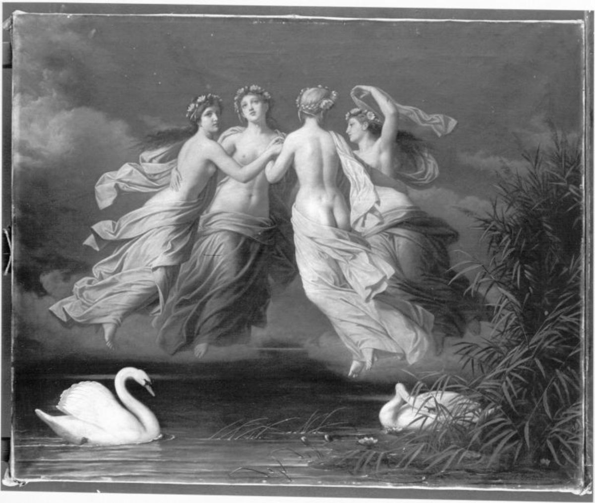 Albert Gräfle | Elfenreigen | Displayed motifs: Swan, Woman, Angel, White dove, Plant, Clothing, Human face, 