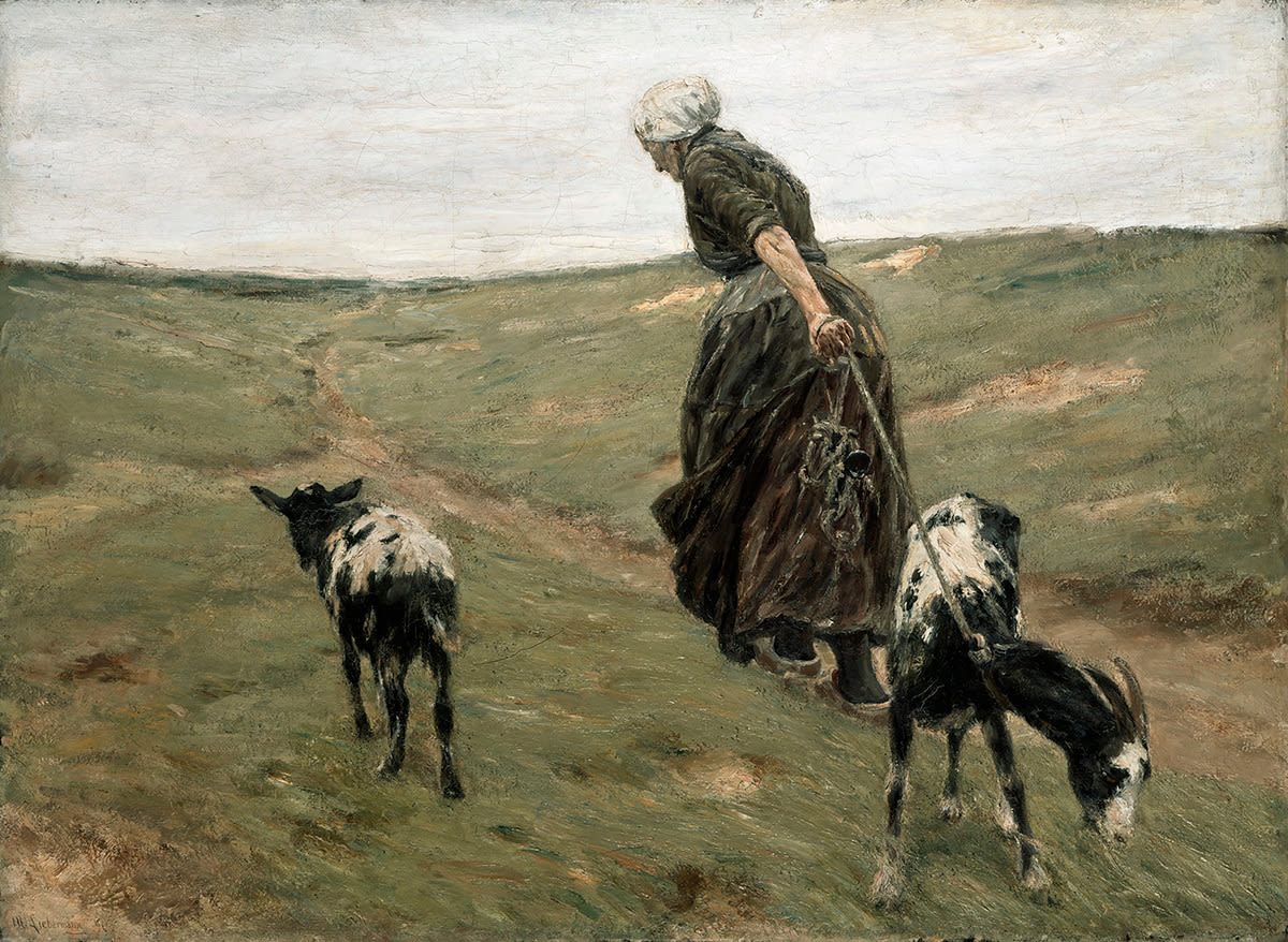 Max Liebermann | Frau mit Geißen in den Dünen | Displayed motifs: Horse, Goat, White dove, Clothing, Dog, Person, Woman, 