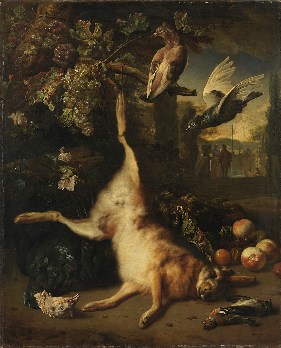 Jan Weenix | Jagdbeutestillleben mit Hasen | Displayed motifs: Bird, Putto, White dove, Flower, Animal, Deer, Angel, 