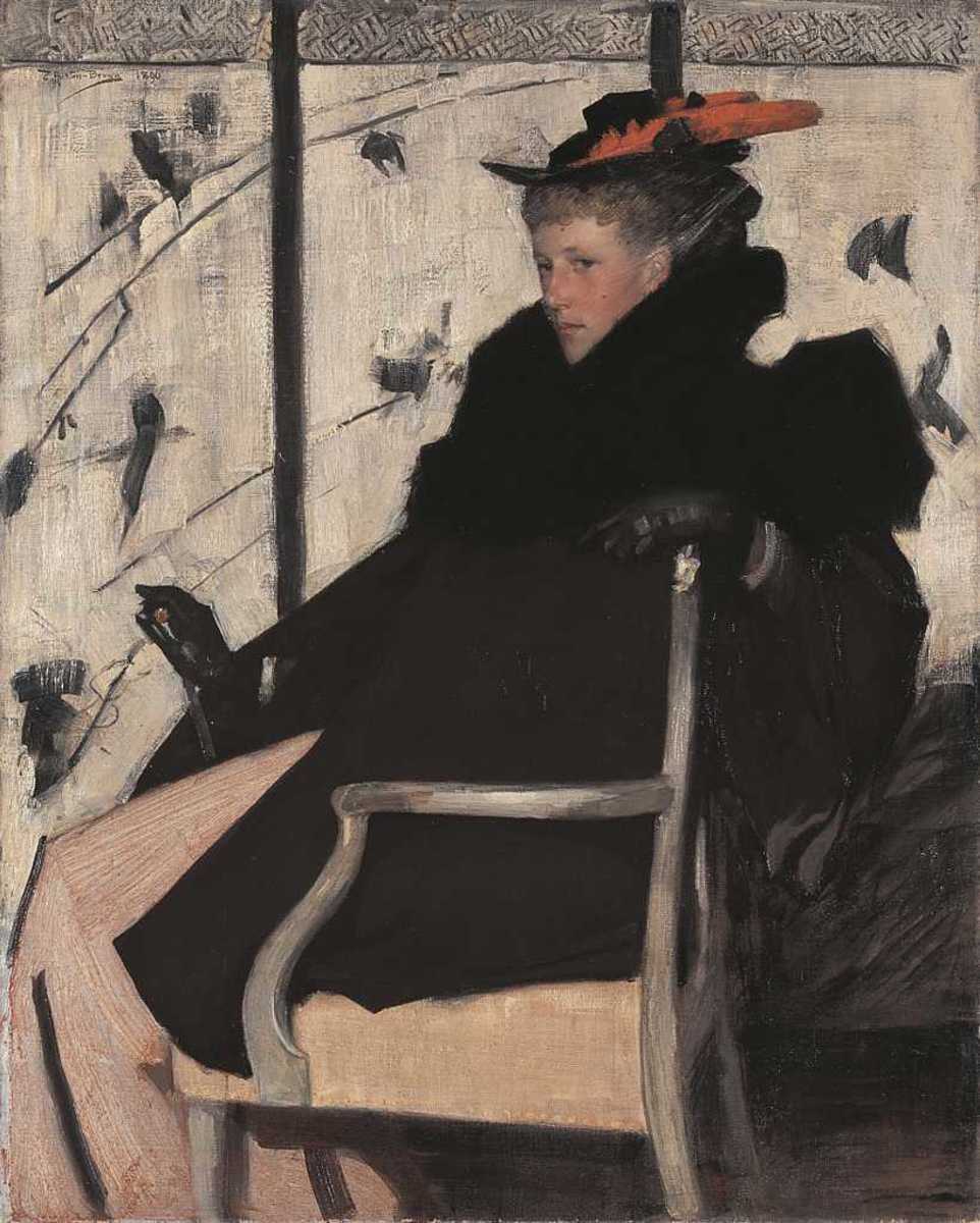 Thomas Austen Brown | Mademoiselle Plume rouge | Displayed motifs: Chair, Human face, Hat, Person, Clothing, Woman, 