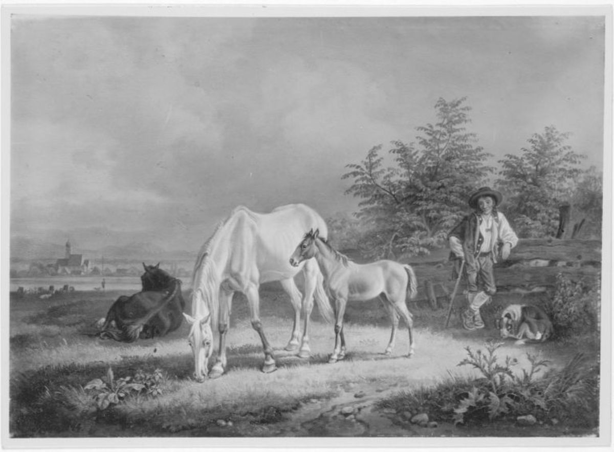 Johann Adam Klein | Pferdeweide bei Sendling | Displayed motifs: Horse, Cattle, Tree, Dog, Animal, Person, Clothing, 