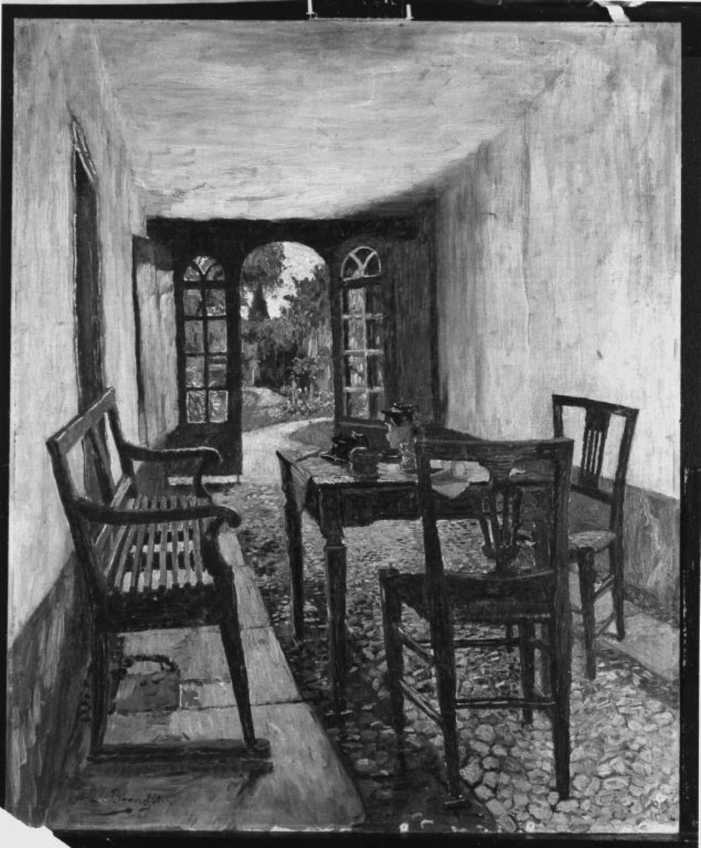 August von Brandis | Durchblick | Displayed motifs: White dove, Chair, Table, House, Kitchen & dining room table, Window, Door, 