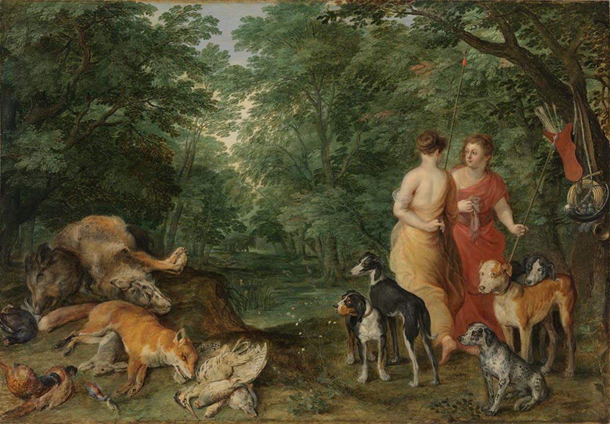 Jan Brueghel d. Ä. mit Hendrik van Balen | Zwei Nymphen mit Jagdhunden | Displayed motifs: Dog, Animal, Tree, Lion, Carnivore, Chicken, Person, 