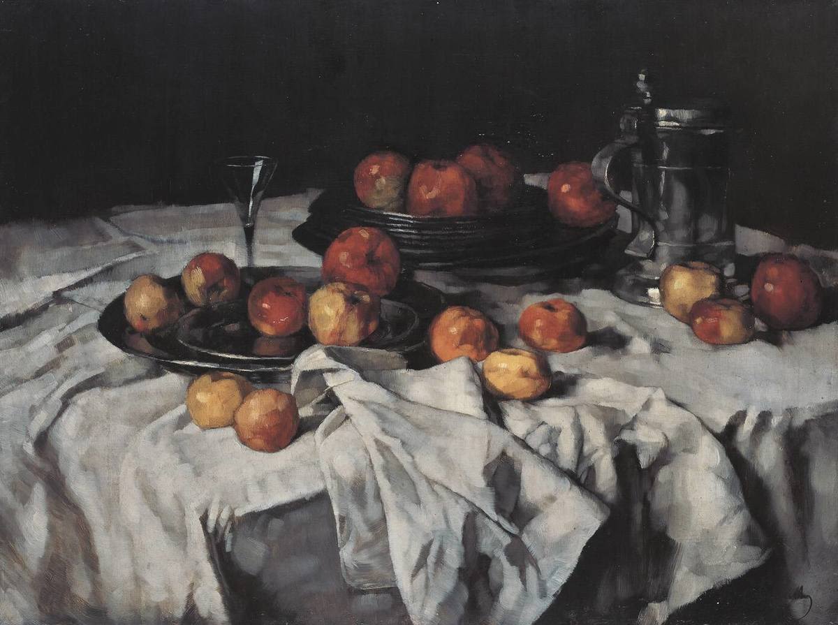 Carl Schuch | Stillleben mit Äpfeln, Weinglas und Zinnkrug | Displayed motifs: Food, Fruit, 