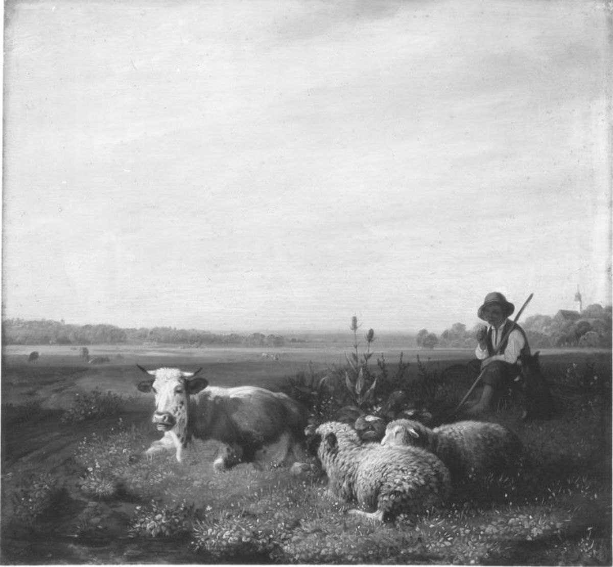 Sebastian Habenschaden | Hirtenjunge mit Kuh und Schafen auf der Weide | Displayed motifs: Sheep, Cattle, Clothing, Man, Person, Bull, Tree, 