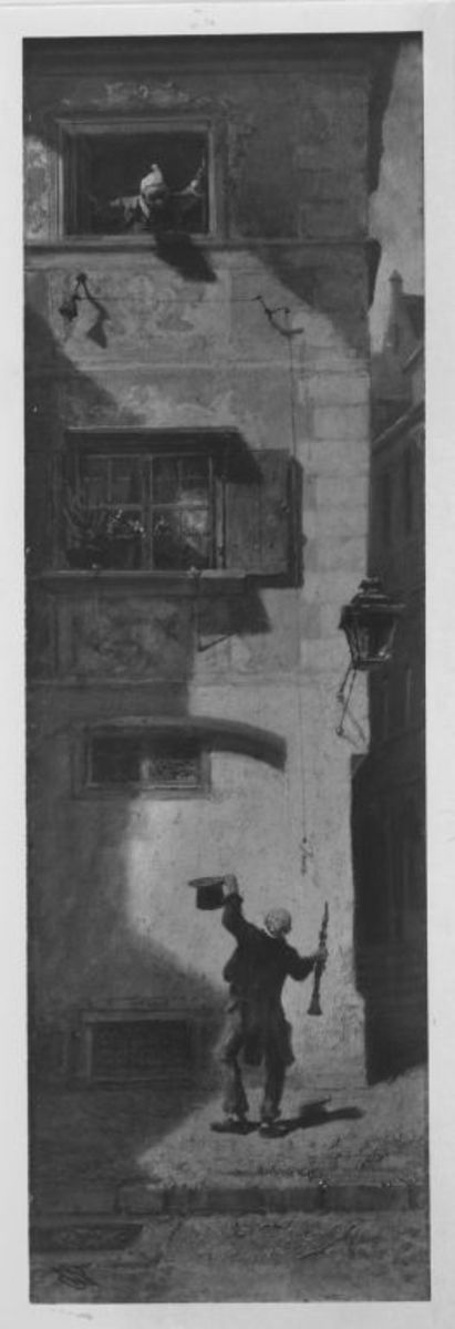 Carl Spitzweg | Der Bettelmusikant | Displayed motifs: Window, Man, House, Footwear, Person, Building, 