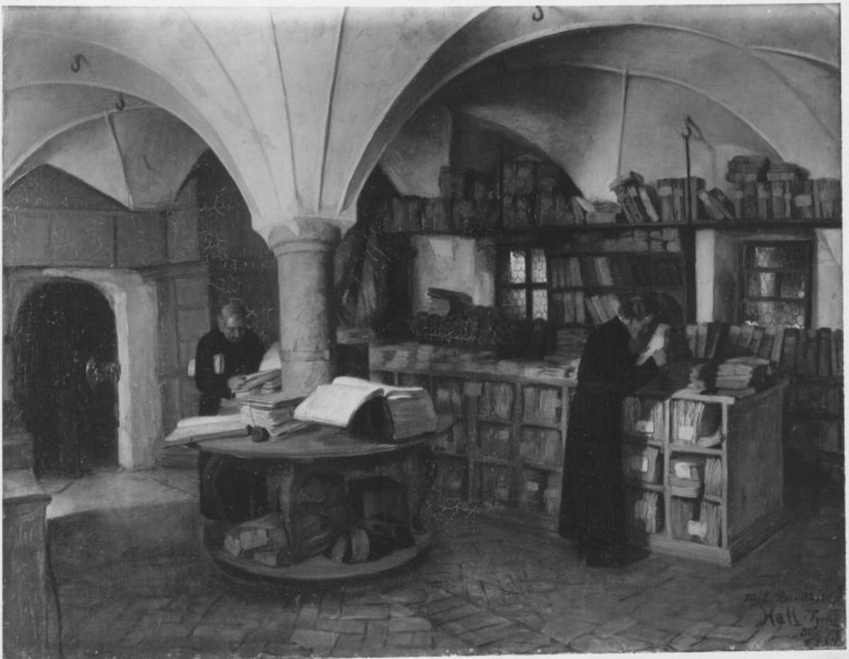 Toby Edward Rosenthal | Bibliothek in Hall | Displayed motifs: Table, Clothing, Building, Man, Person, Furniture, Shelf, 