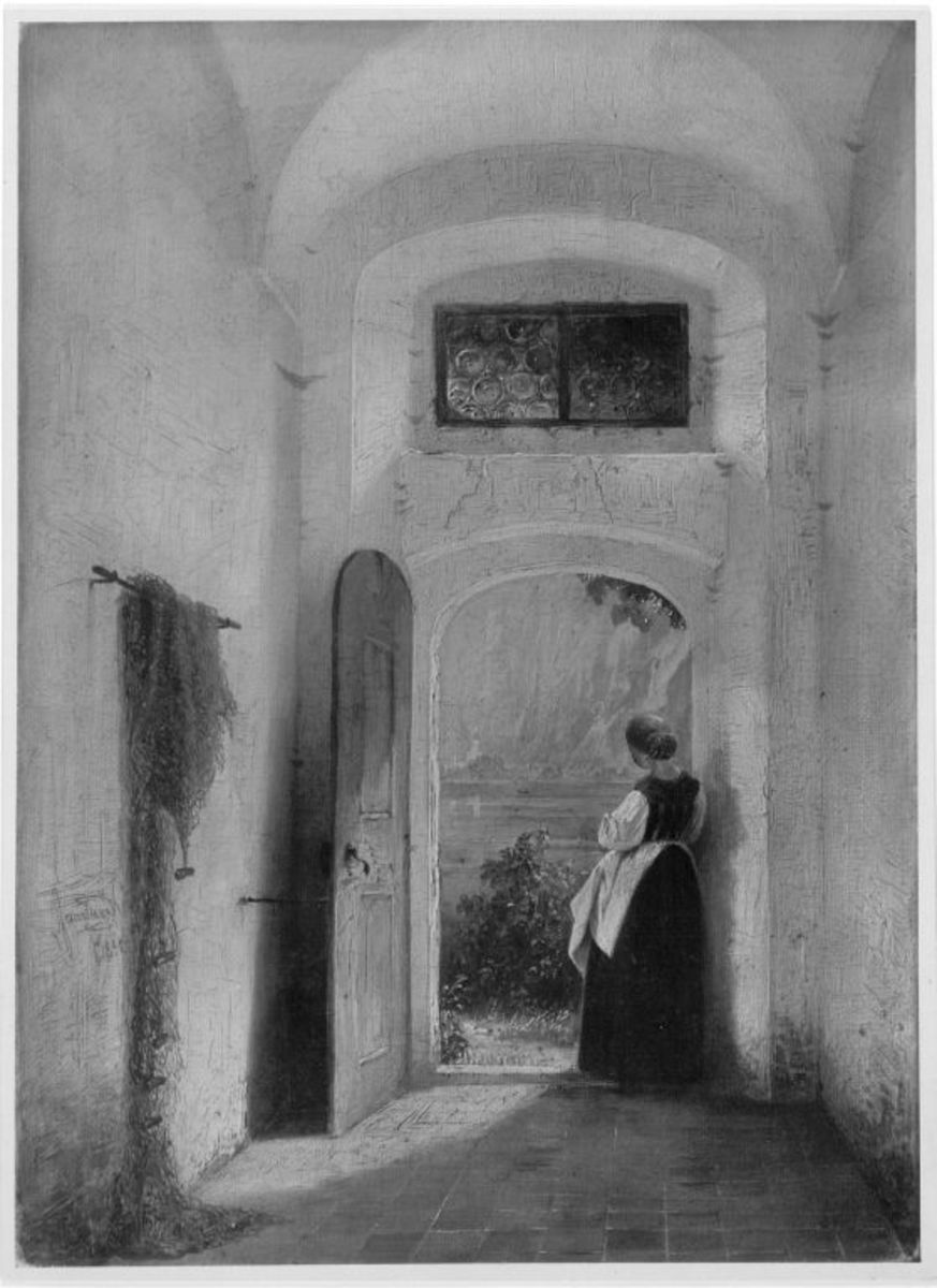 Leonhard Faustner | Mädchen im Hauseingang | Displayed motifs: Window, Woman, Clothing, Building, Door, Tree, Plant, 