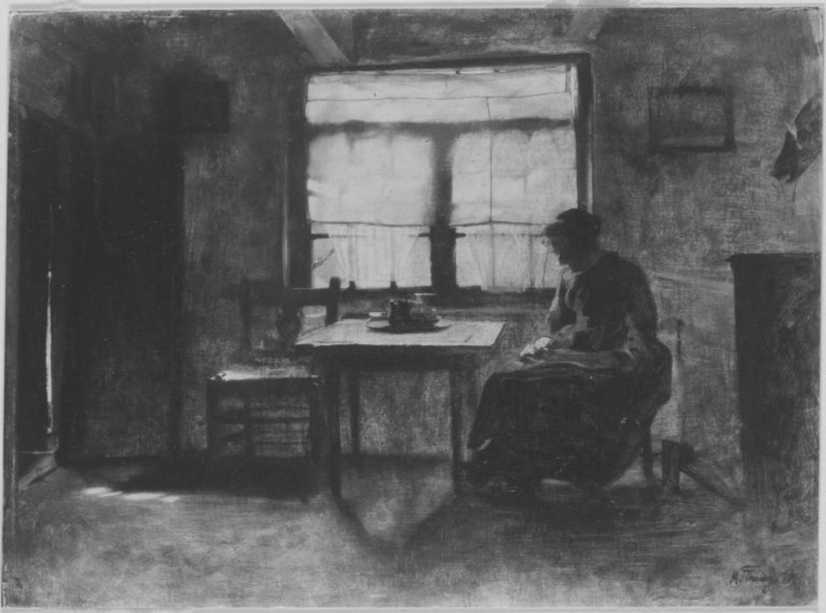 Max Thedy | Holländische Fischerstube | Displayed motifs: Table, House, Window, Clothing, Man, Person, 