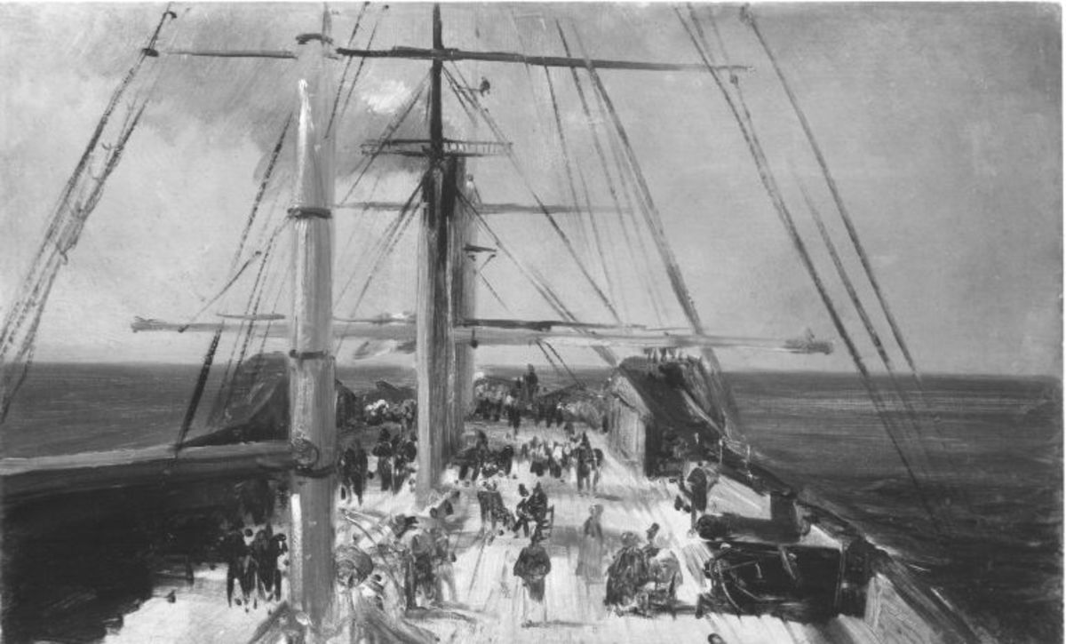 Jean Antoine Théodore Gudin | Blick auf das Deck eines Schiffs auf offener See | Displayed motifs: Boat, Watercraft, Person, Latin cross, 