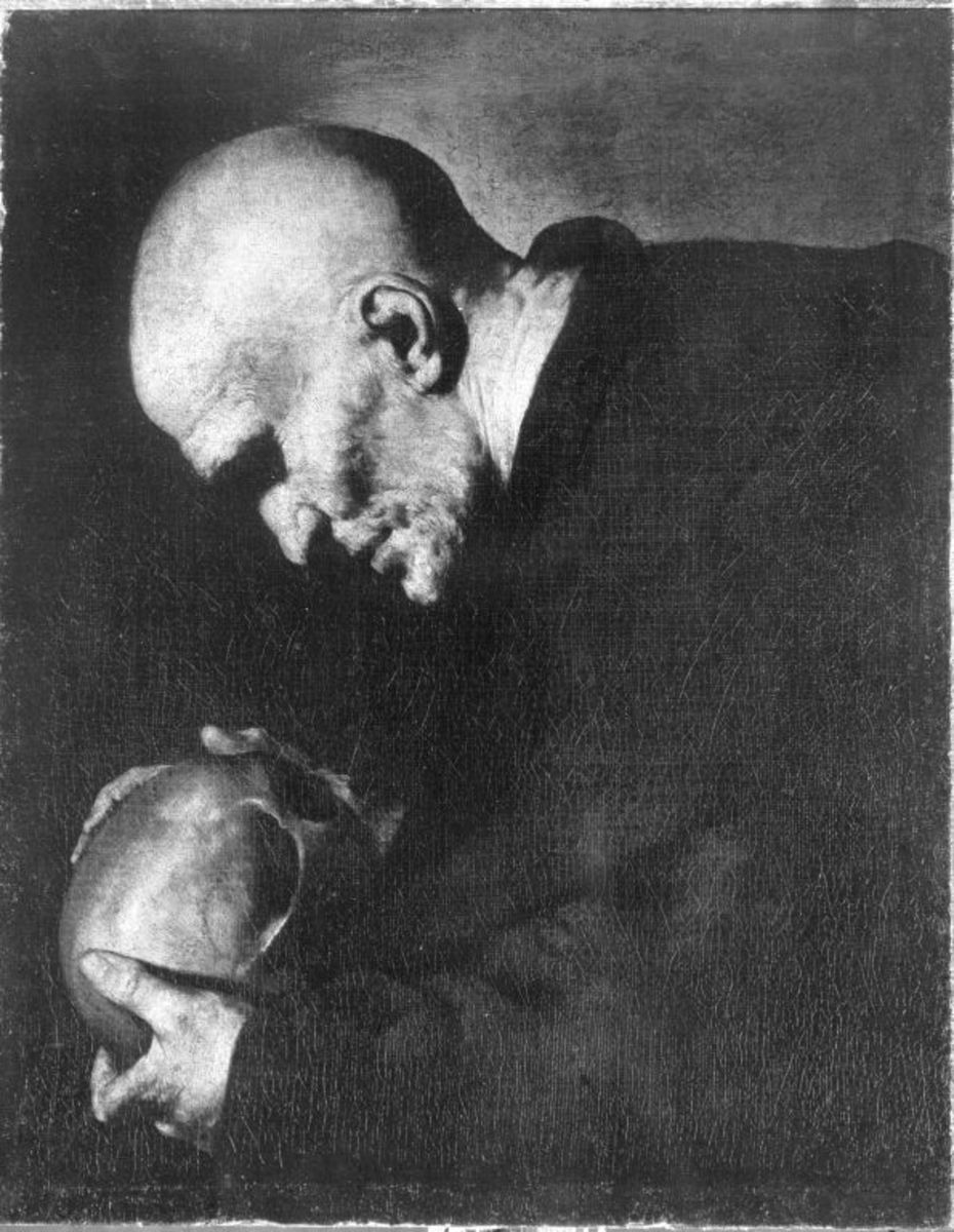 Jusepe de Ribera | Hl. Petrus von Alcantara in Meditation | Displayed motifs: Skull, Mammal, Clothing, Animal, Man, 