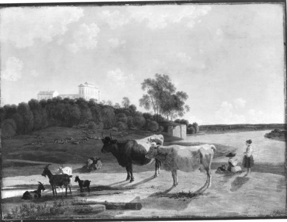 Wilhelm von Kobell | Isartal mit Schloss Harlaching | Displayed motifs: Cattle, Animal, Bull, Tree, Person, Camel, Clothing, 