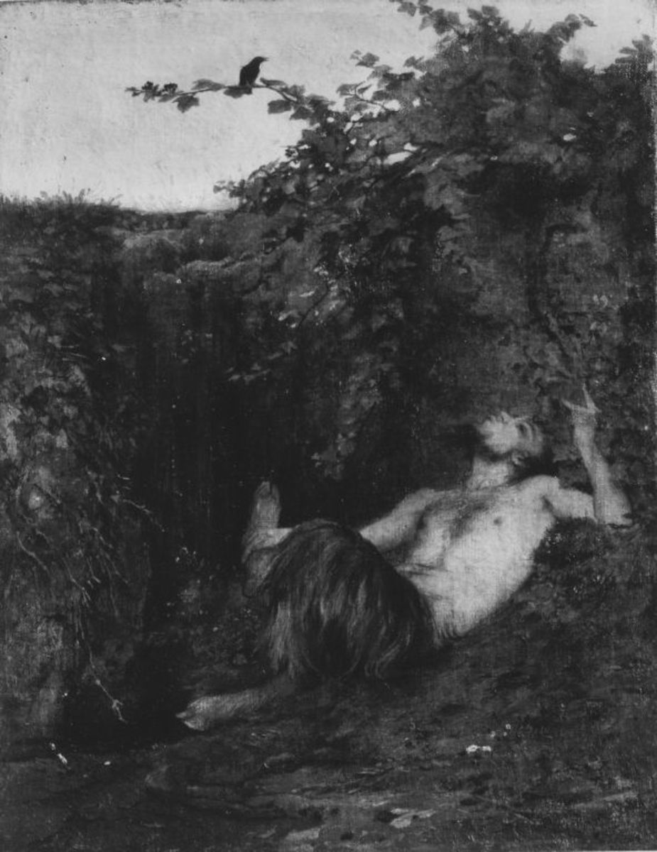 Arnold Böcklin | Faun und Amsel | Displayed motifs: Tree, Mammal, Putto, Person, Animal, Bird, 