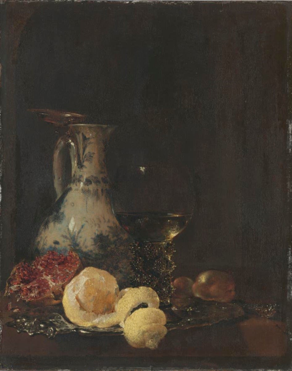 Willem Kalf | Stillleben mit Porzellankanne | Displayed motifs: Wine glass, Wine, Jug, Human head, Animal, Pitcher, 