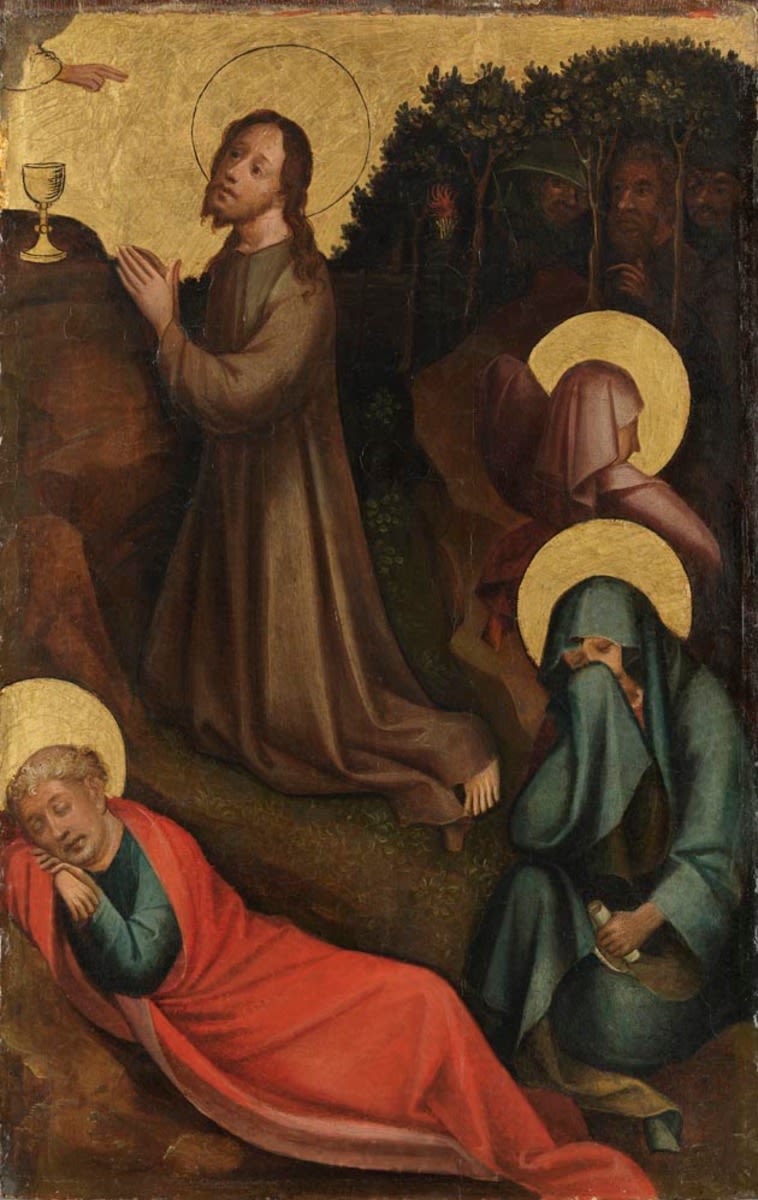 Meister von St. Laurenz | Christus am Ölberg | Displayed motifs: Halo, Human face, Clothing, Veil, Wine glass, Woman, Person, 