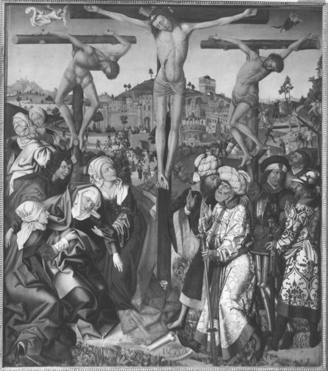 Meister von 1477 | Kreuzigung Christi | Displayed motifs: Wound, Veil, Crucifixion, Clothing, Thorn crown, Man, Angel, 
