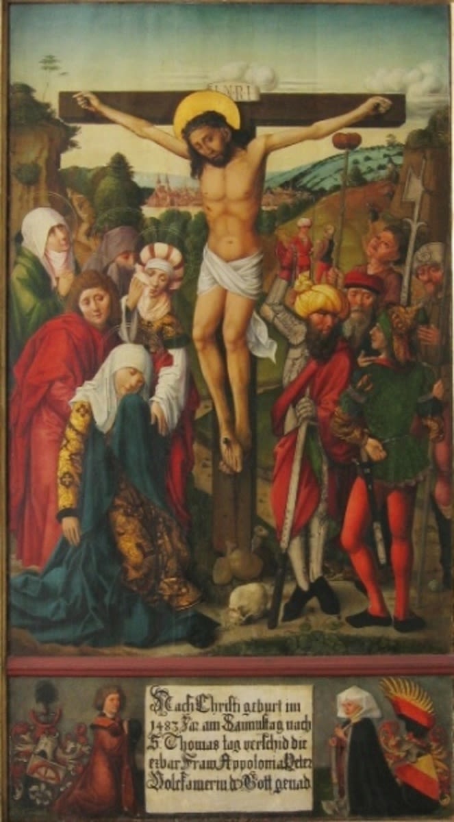 Bambergisch um 1483 | Epitaph der Apollonia Volckamer mit Kreuzigung Christi | Displayed motifs: Veil, Halo, Wound, Crucifixion, Human face, Clothing, Woman, 