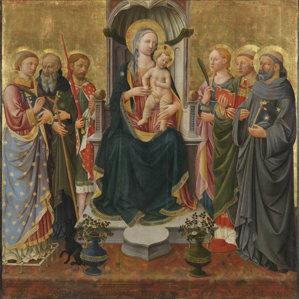 Domenico di Michelino | Thronende Madonna mit Kind und den hll. Laurentius, Antonius Abbas, Julian, Lucia, Cyriacus und Johannes Gualbertus (Sacra Conversazione) | Displayed motifs: Halo, Madonna, Woman, Clothing, Human face, Person, Veil, 