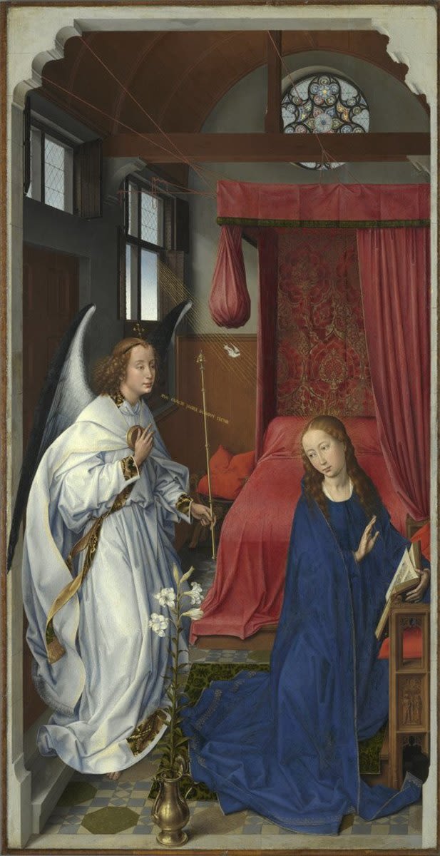 Rogier van der Weyden | Columba-Altar: Verkündigung | Displayed motifs: Angel, Woman, Clothing, Dress, Curtain, Window, Human face, 