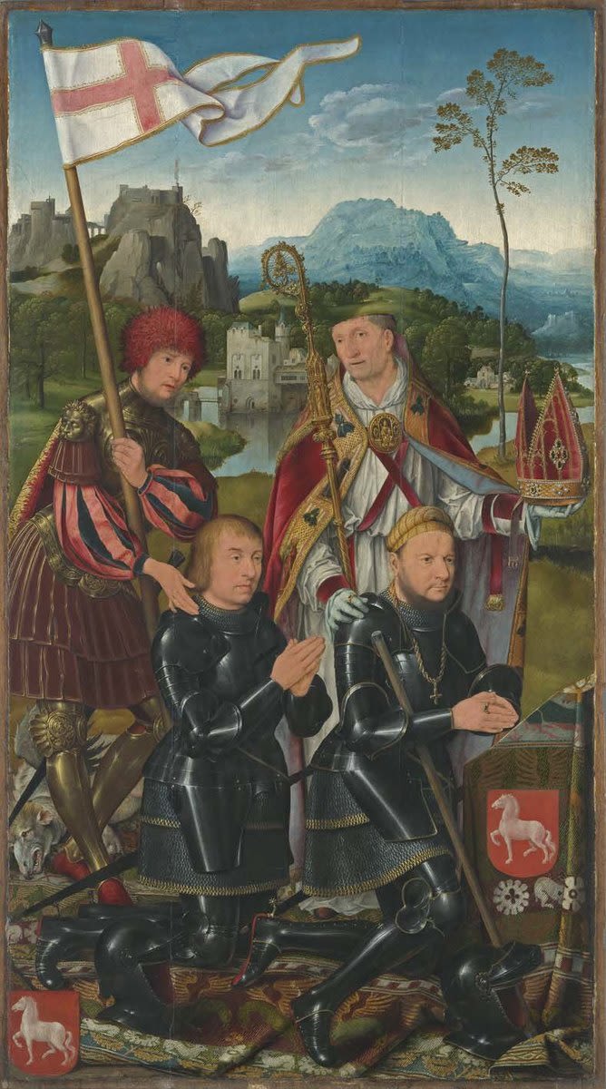 Joos van Cleve | Marientod-Altar: Die hll. Nicasius und Georg mit den Stiftern Nicasius und Georg Hackeney Außenseite: Hll. Anna Selbdritt und Christophorus | Displayed motifs: Coat of arms, Miter, Clothing, Tree, Flag, Human face, Person, 