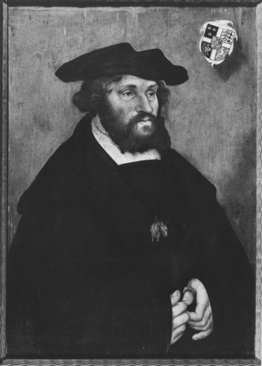 Lucas Cranach d. Ä. | König Christian II. von Dänemark | Displayed motifs: Man, Coat of arms, Human face, Clothing, Hat, Thorn crown, Human head, 