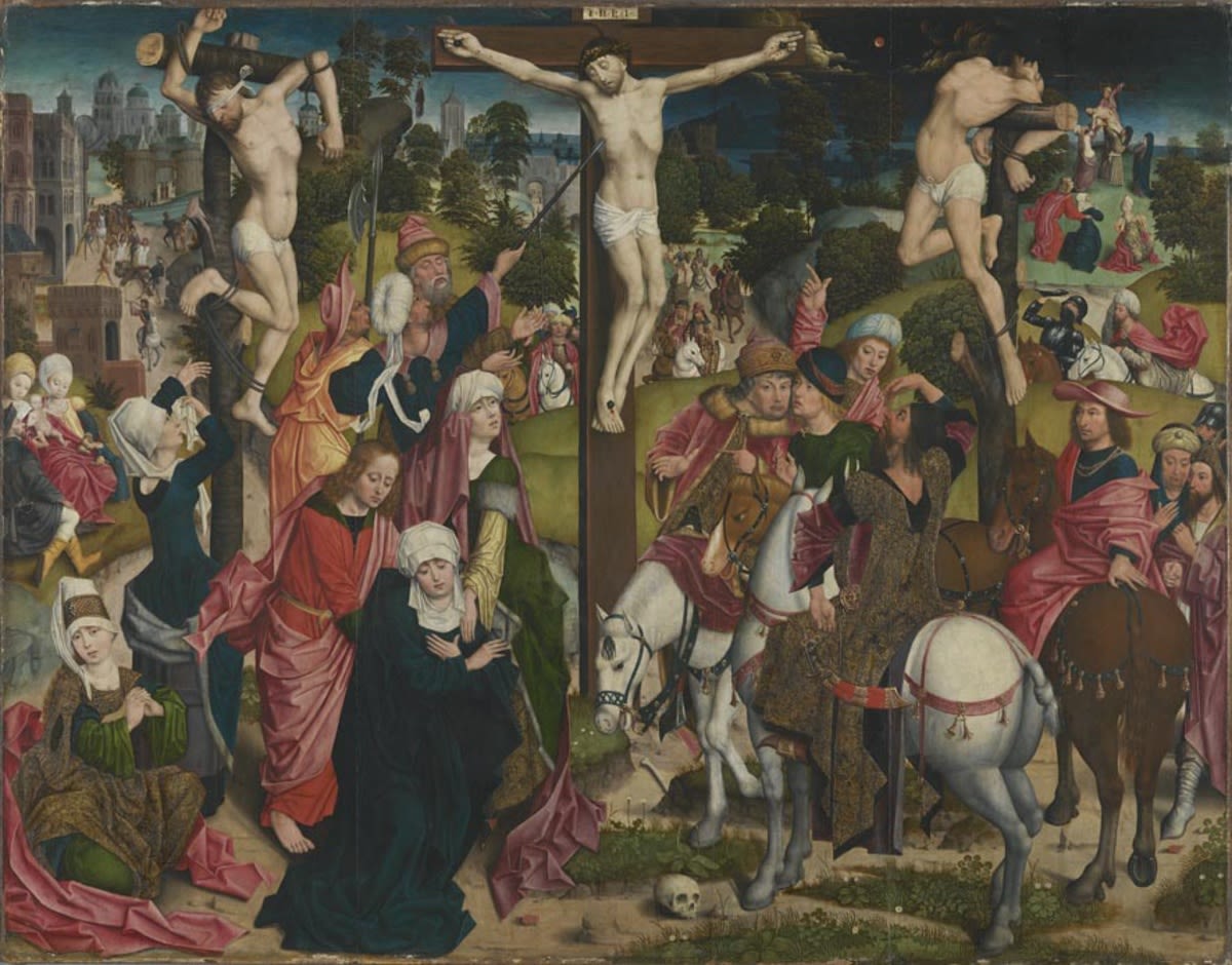 Derick Baegert | Kreuzigungsaltar: Kreuzigung Christi | Displayed motifs: Veil, Crucifixion, Man, Horse, Clothing, Halo, Wound, 