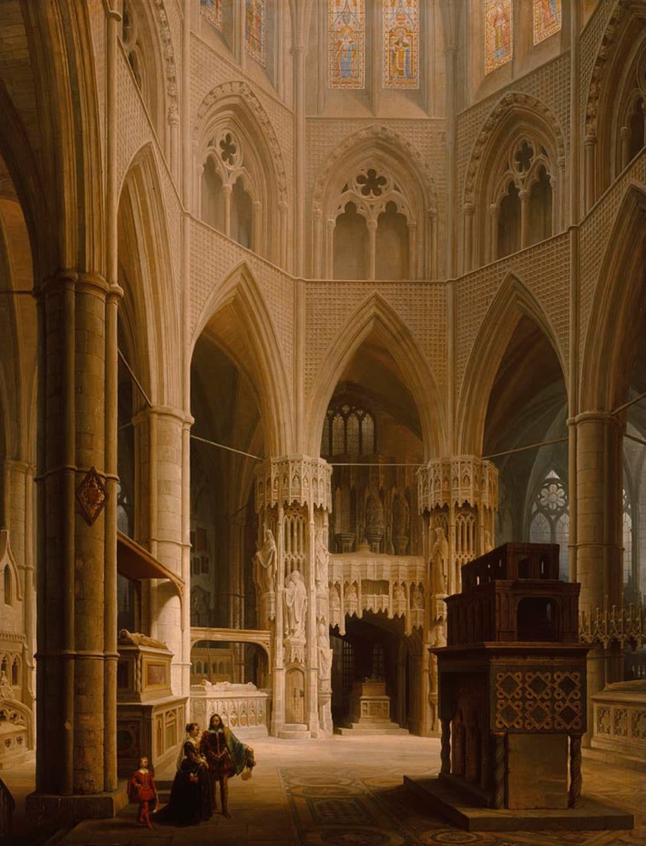 Max Emanuel Ainmiller | Der Chor der Westminster Abbey in London mit dem Grabmal Eduards des Bekenners | Displayed motifs: Building, Furniture, 