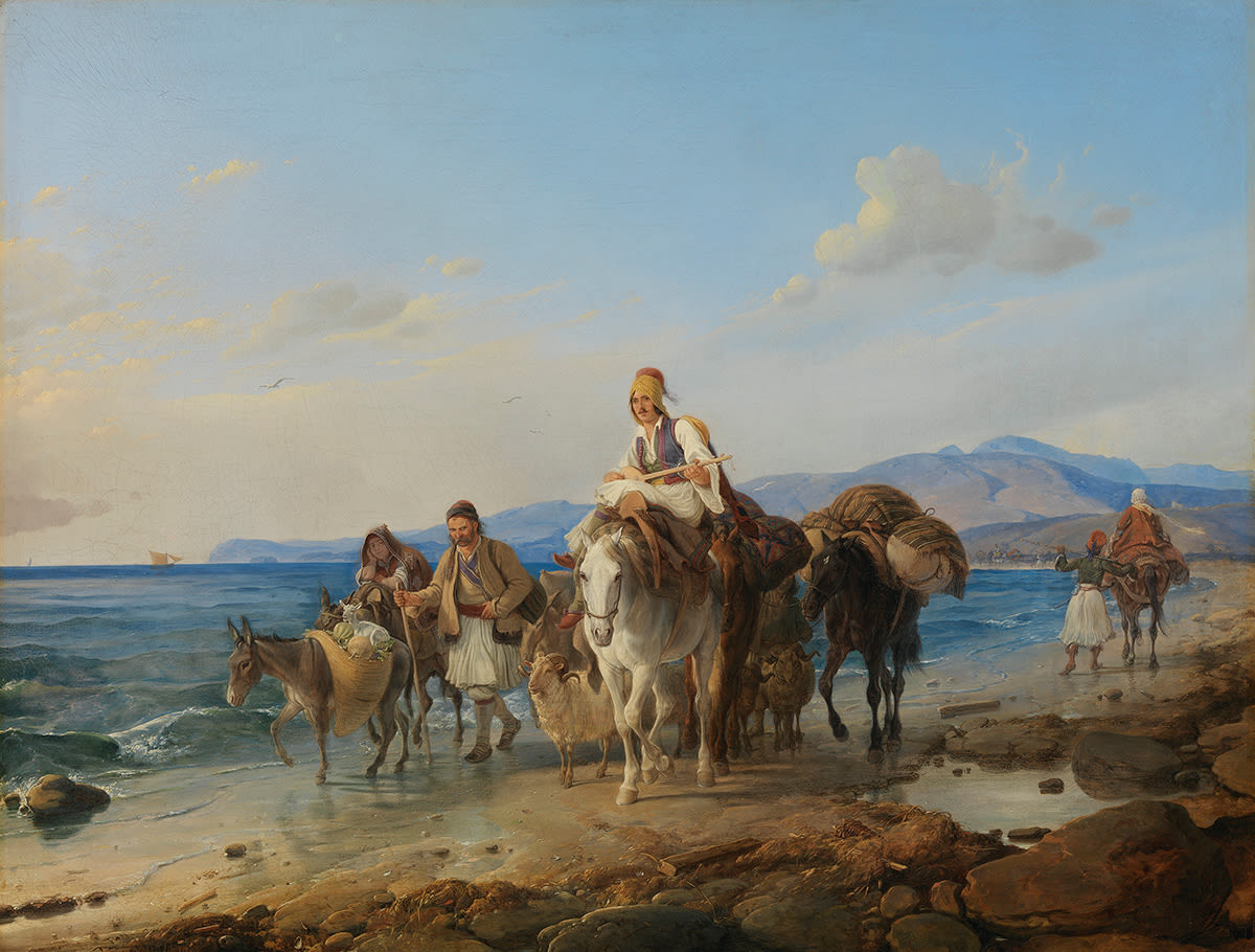 Peter von Hess | Griechische Landleute am Meeresstrand | Displayed motifs: Person, Camel, Veil, Horse, Animal, Cattle, 