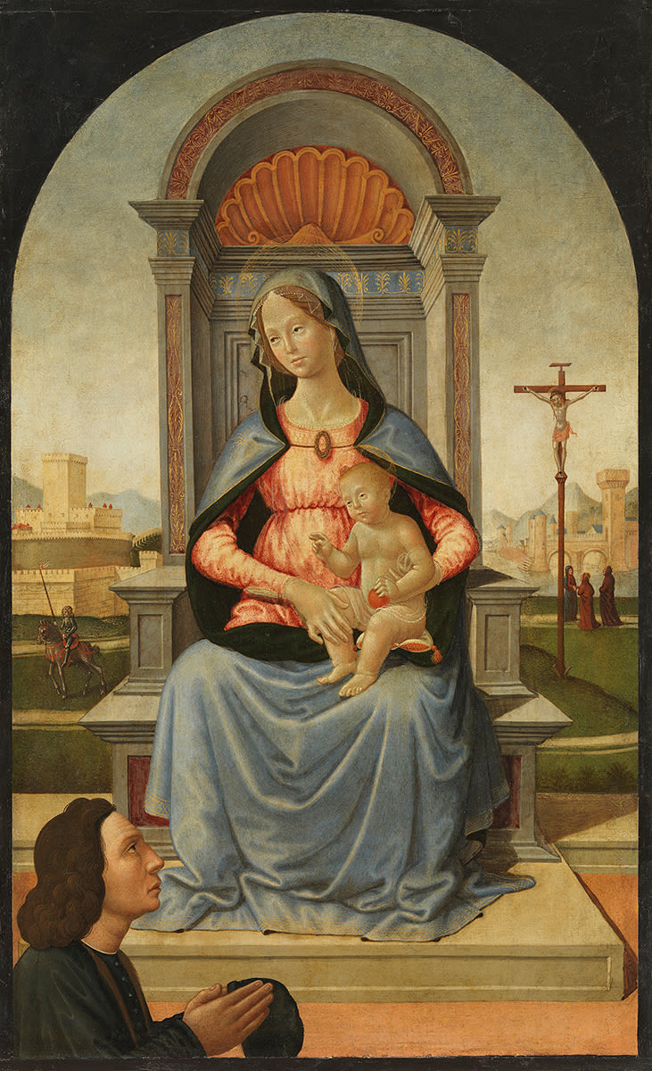 Domenico Ghirlandaio (Umkreis) | Maria mit Kind | Displayed motifs: Madonna, Human face, Woman, Latin cross, Halo, Clothing, Person, 