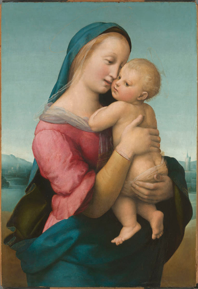 Raffael | Die Madonna Tempi | Displayed motifs: Human face, Boy, Madonna, Clothing, Halo, Man, Woman, 