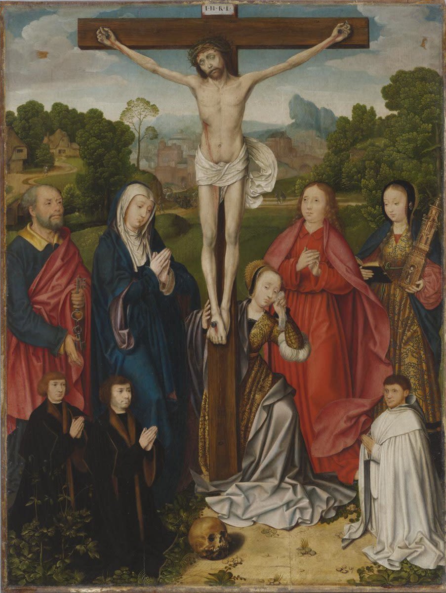 Bartholomäus Bruyn d. Ä. | Kreuzigungsaltar: Christus am Kreuz mit hll. Petrus, Maria, Maria Magdalena, Johannes d. Ev. und Barbara sowie drei Stiftern | Displayed motifs: Veil, Thorn crown, Wound, Crucifixion, Clothing, Woman, Human face, 