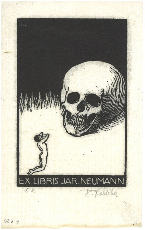 Kobliha, František | Ex libris, Jar. Neumann | Displayed motifs: Skull, Coat of arms, Animal, 