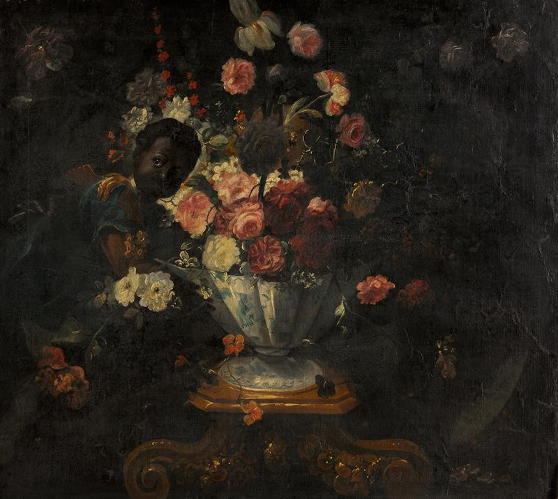 neznámý malíř italský | Zátiší s kyticí a černouškem | Displayed motifs: Human face, Flower, Person, Vase, 