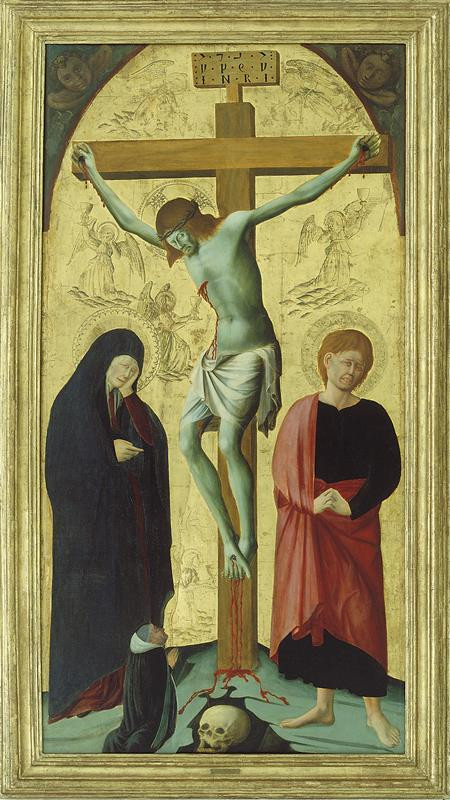 Mistr triptychu z roku 1454 | Ukřižování | Displayed motifs: Halo, Veil, Clothing, Skull, Wound, Person, Crucifixion, 