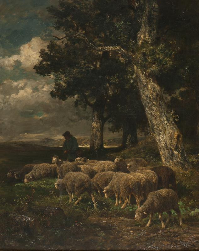 Jacque, Charles Émile | Pastýř se stádem | Displayed motifs: Tree, Sheep, Person, Cattle, Alpaca, 