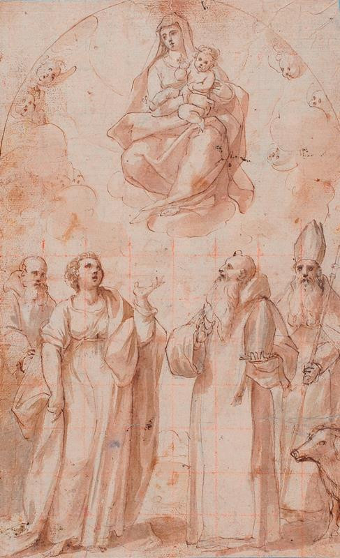 Baglione - okruh, Giovanni | Madona se svatými | Displayed motifs: Miter, Putto, Madonna, Clothing, Person, Human face, Woman, 