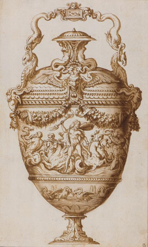 Rossi zv. Salviati - podle, Francesco de | Dekorativní váza s Neptunem | Displayed motifs: Angel, Lamp, Human face, Tableware, Flowerpot, 