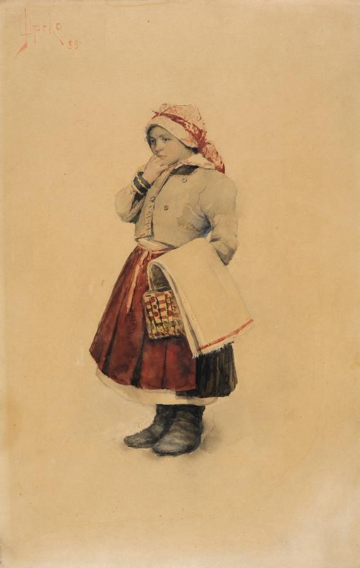 Uprka, Joža | Děvčátko | Displayed motifs: Human face, Footwear, Skirt, Woman, Clothing, Coat of arms, Person, 