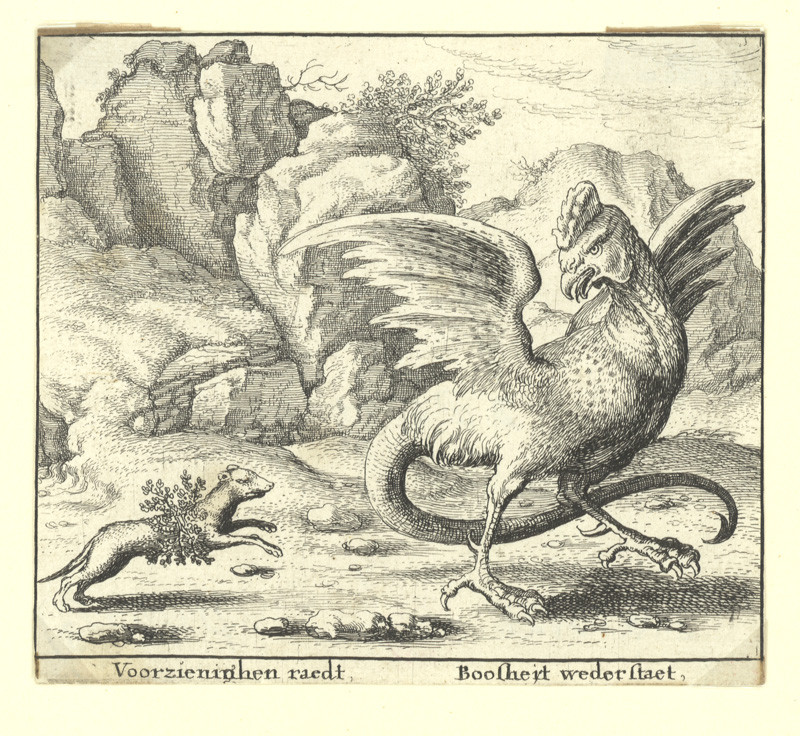 Hollar, Václav | Bazilišek a kolčava, bajka s holandskými verši | Displayed motifs: Angel, Bird, Lizard, Chicken, Tree, Animal, Turkey, 