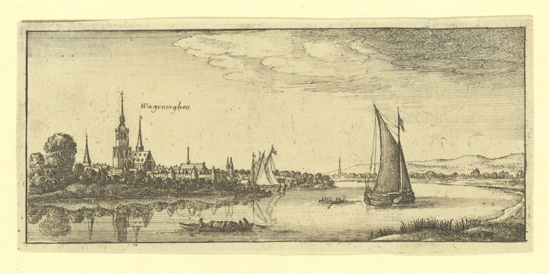 Hollar, Václav | Pohled na Wageninghen s řekou a plachetnicí | Displayed motifs: Boat, Miter, Tree, Vehicle, 