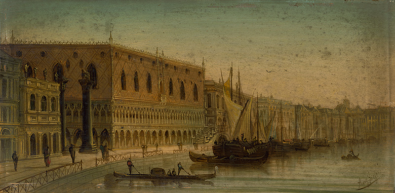 Sieger, August | Pohľad na dóžací palác v Benátkach a jeho okolie | Displayed motifs: Building, Boat, Vehicle, 
