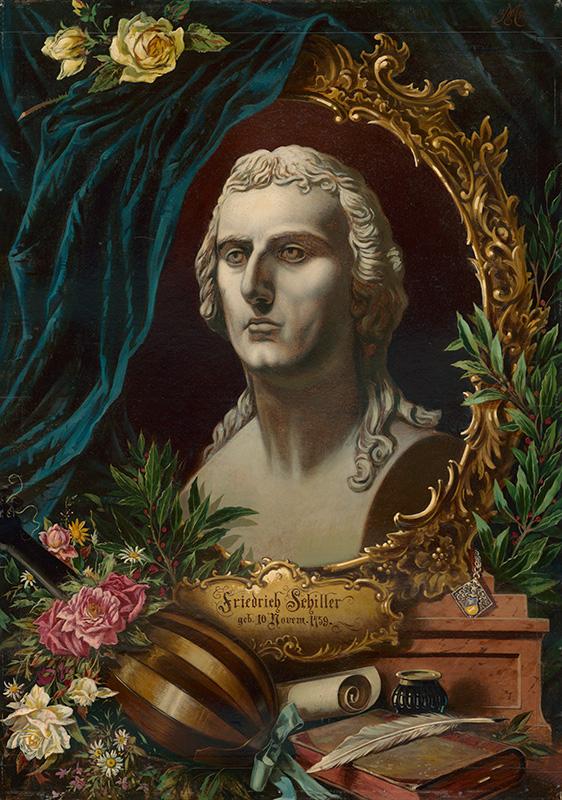 Majsch, Eduard | Apoteóza Friedricha Schillera | Displayed motifs: Human face, Person, Rose, Flower, Clothing, Human head, Coat of arms, 