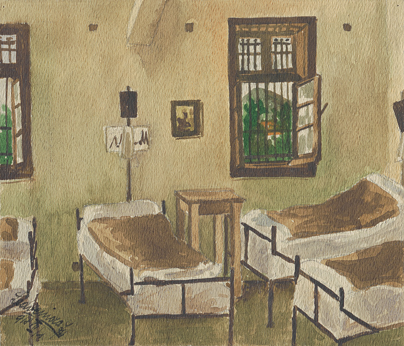 Ladvenica, Ján | Nemocničná izba | Displayed motifs: Coat of arms, Chair, Window, House, Furniture, 