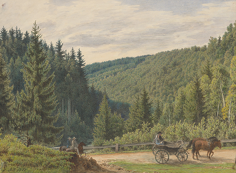 Alt, Jakob | Krajina s hradskou a povozom | Displayed motifs: Cart, Animal, Tree, Wheel, Person, 